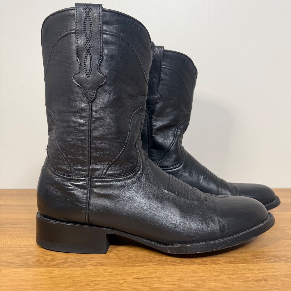 Allens Mens Black Leather Western Cowboy Boots Round Toe Size 9 D 20096 Mexicos‎